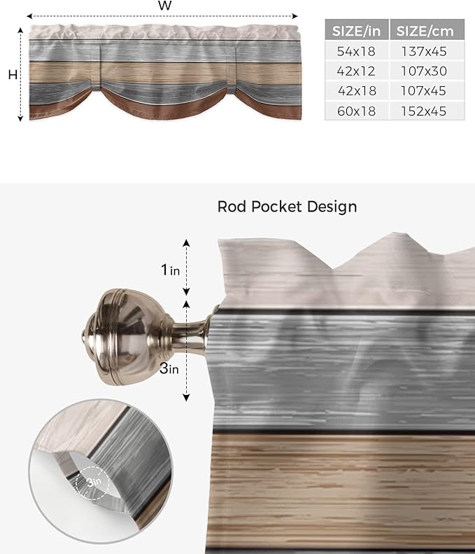 Farmhouse Fall Blackout Tie Up Valance Curtains for Kitchen Windows, Brown Grey Window Toppers Balloon Shades for Living Room/Bathroom/Bedroom,1 Panel,54" X 18" Retro Rustic Barn Wood Texture
