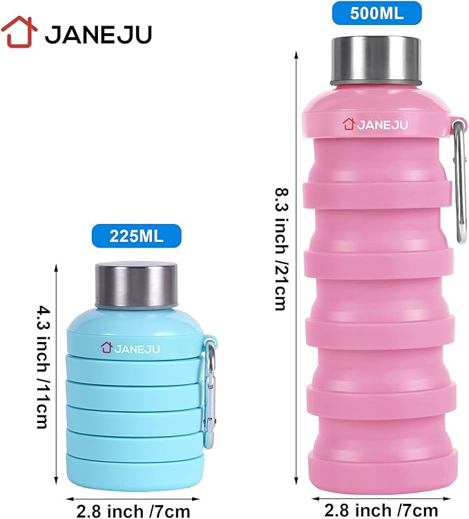 JaneJu Collapsible Water Bottle, 17oz BPA Free Silicone Reusable Portable Lightweight Foldable Water Bottles with Carabiner, Portable Leak Proof Sports Water Bottle (blue&pink)