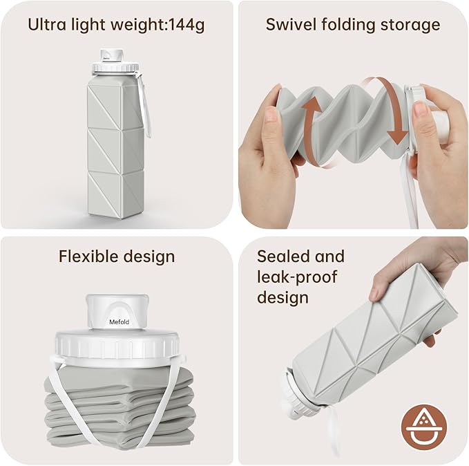 Travel Water Bottle Collapsible,Leakproof BPA-Free Silicone Foldable Water Bottle for Travel Gym,Hiking, Sports, Camping,Biking,Lightweight 21oz Portable,Reusable Collapsible Water Bottle 610ml