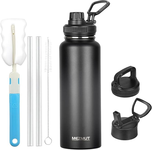 MEZMUT Insulated Water Bottle with Straw&3 Lids 40oz Stainless Steel Water Bottles Sports Metal Water Bottle Double Walled Vacuum Insulated Bottles Thermos Leak-Proof Travel Thermal (Black)