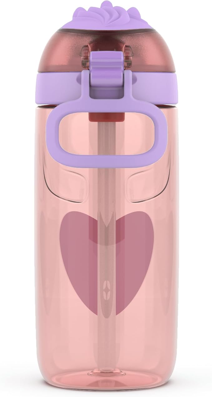Ello Ellies 16oz Plastic Kids Water Bottle with Straw and Built-in Carrying Handle and Leak-Proof Locking Lid for School backpack, Lunchbox and Outdoor Sports