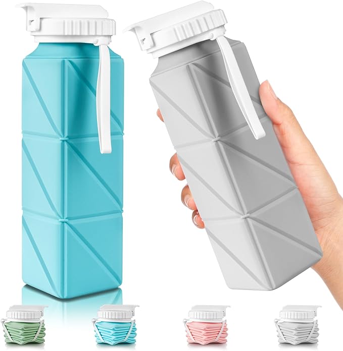 Collapsible Travel Water Bottles, Food Grade BPA Free Silicone Foldable Water Bottle, Leakproof Portable Expandable Water Bottles for Traveling, Camping, Hiking, Cycling & Sports Outdoor 620ml(2 Pack)
