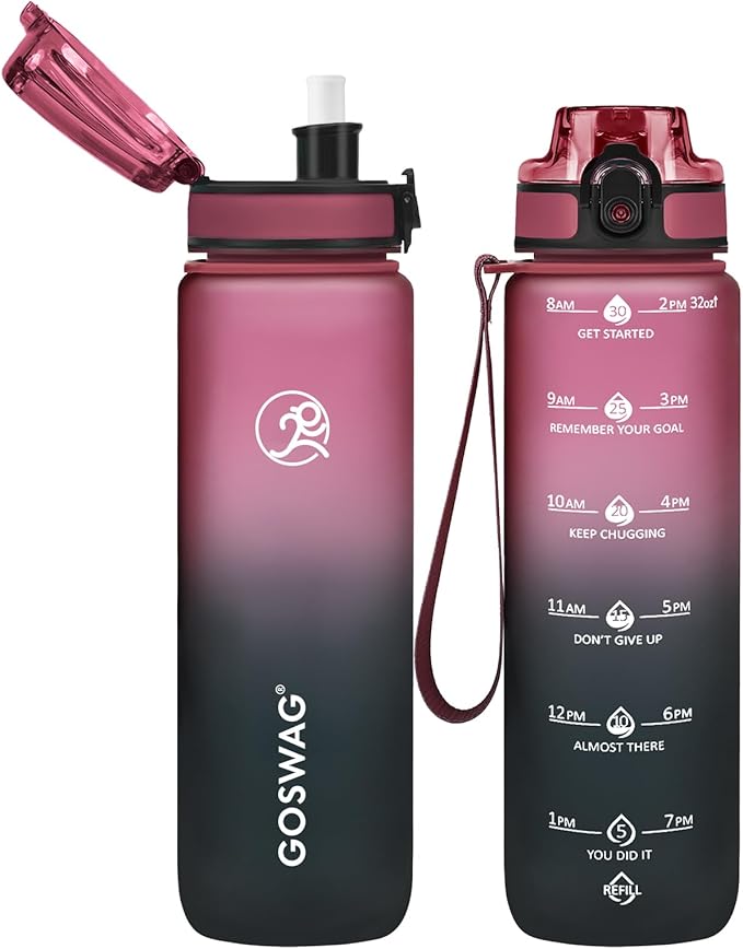 GOSWAG Water Bottles, 32 oz Motivational Sports Water Bottle with Straw and Time Marker to Remind You to Drink, Comes with Carry Strap, Leakproof