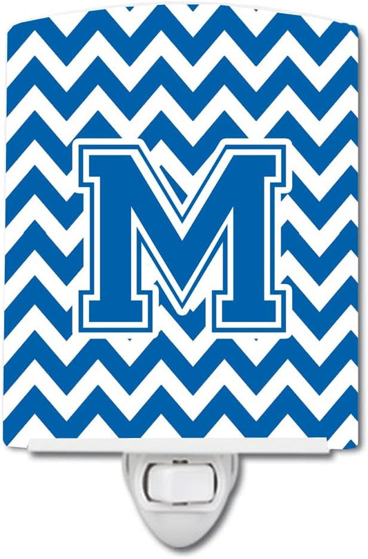 Caroline's Treasures CJ1056-MCNL Letter M Chevron Blue and White Ceramic Night Light Compact, UL-Certified, Ideal for Bedroom, Bathroom, Nursery, Hallway, Kitchen, 6x4x3, Multicolor