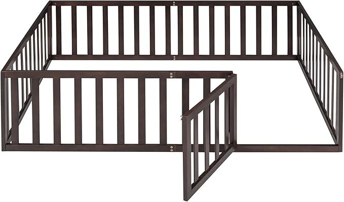 Full Size Floor Bedframe with Door and Safety Guardrails Fence, Solid Wooden Toddler Montessori Platform Bed for Children Bedroom, Boys Girls, Kids Playroom