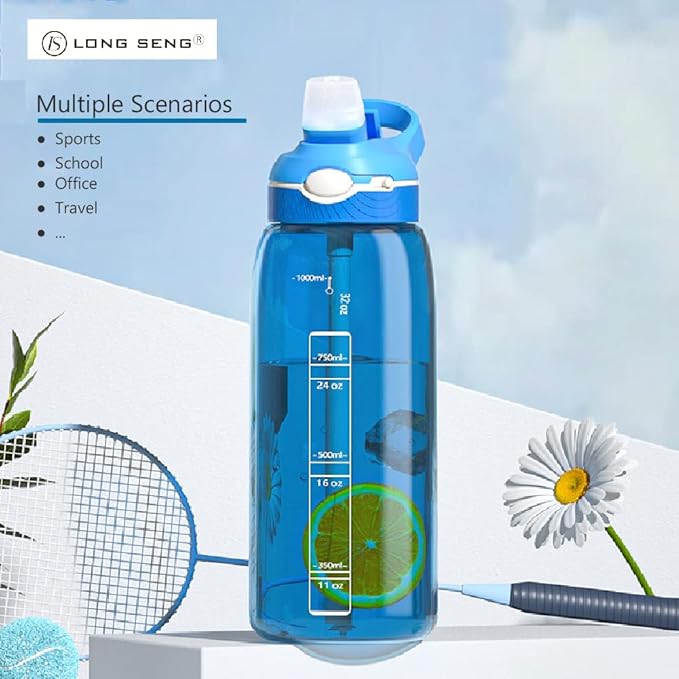 Sports Water Bottle 35 OZ, Gym Leak Proof Wide Mouth Straw Water Bottles Sky Blue BPA-Free Plastic Water Bottle Tasteless Portable Easy Clean Water Bottles For Adults Man Woman