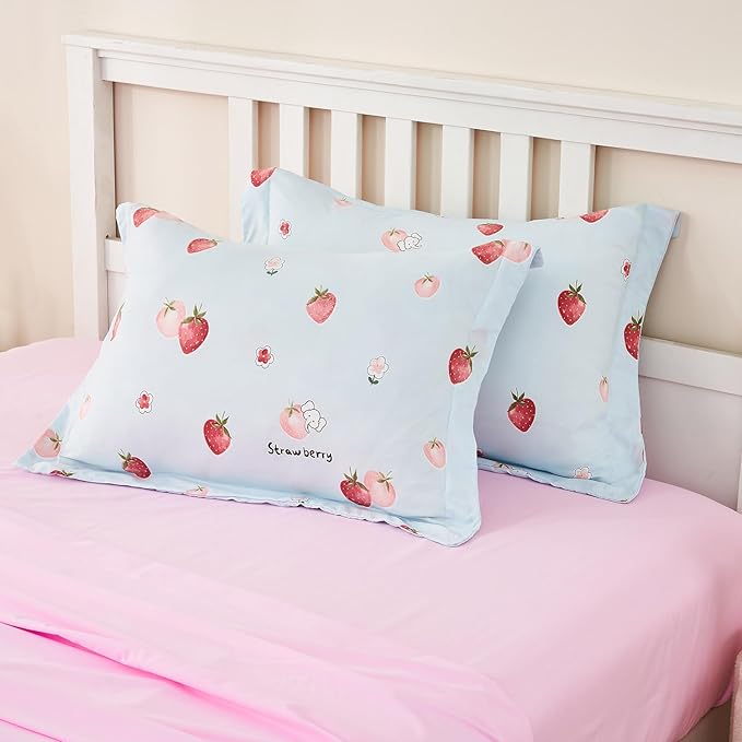 Wajade Kids Strawberry Comforter Set Bed in A Bag Twin Size 7 Piece Blue 3D Cute Strawberry Fruit Bedding Set for Girls Boys (1 Comforter, 1 Flat Sheet, 1 Fitted Sheet, 2 Pillowcase and 2 Pillow Sham)