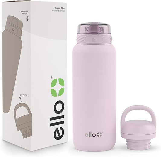 Ello Cooper 32oz Stainless Steel Water Bottle with 2 Lids Chug and Straw | Leak Proof | Double Walled and Vacuum Insulated | Built in Carry Loop | Dishwasher Safe | Cashmere Pink