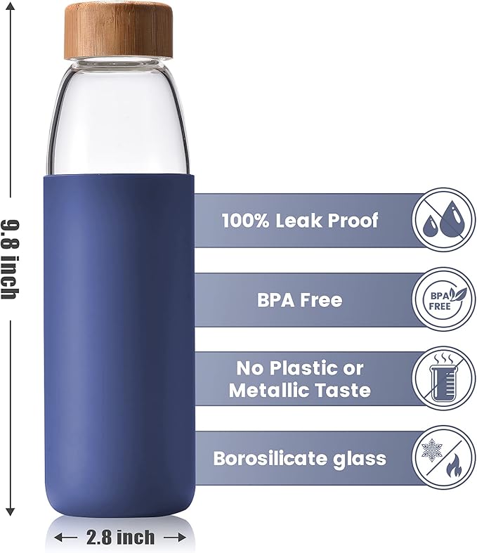 veegoal Glass Water Bottles 25 Oz Borosilicate with Bamboo Lid, BPA-FREE, Non-Slip Silicone Sleeve, and Stainless Steel Leak Proof Lid - Reusable Glass Bottle for Men and Women