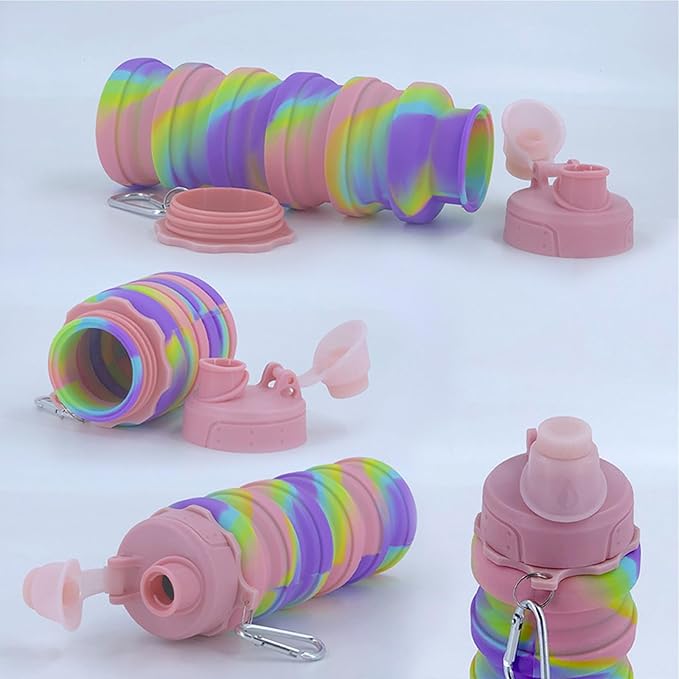 Collapsible Water Bottles Two Pack Travel Sports Portable Sport Water Bottle comes with mountaineering Buckle 500ml silicone Water-proof camping water bottle (Purple and Purple Color)