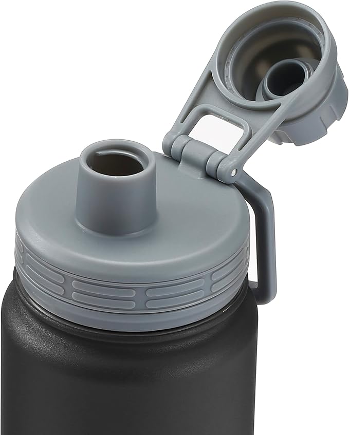 STOVER 25oz Insulated Water Bottle, Wide Mouth Double-Walled Stainless Steel- Vacuum Sealed, Leakproof, Durable, Slim Design Fits in Cup Holder- Flip Top Lid/Spout for Travel- Women/Men (Black)