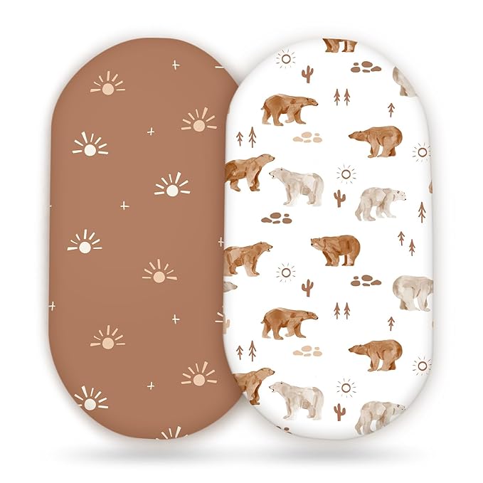GRSSDER Stretchy Ultra Soft Bassinet Sheet 2 Pack, Universal Fit for Bassinets Baby Cradle Moses Basket Oval Rectangle Mattress or Changing Table Pad Safe and Snug, Stylish Print of Sunny Bear