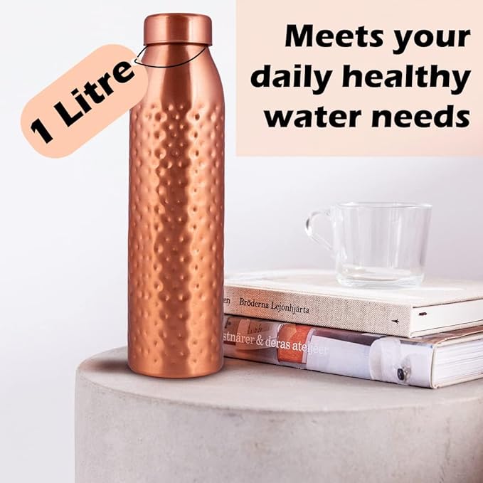 Copper Water Bottle 1Liter - Gift Box of 3, Plain 2, Hammered 1, an Ayurvedic vessel made of pure copper - helps you drink more water with many health benefits