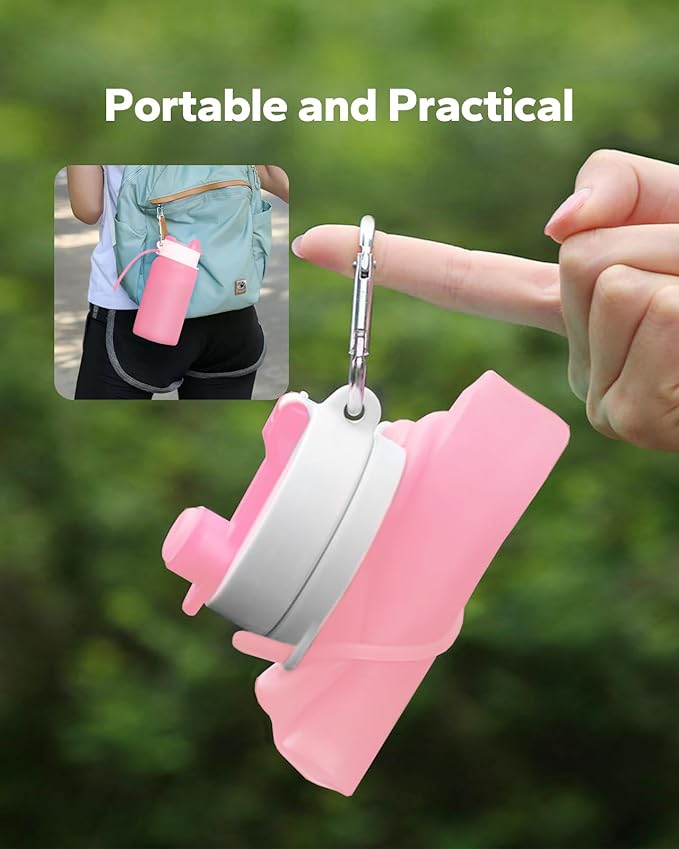 Collapsible Water Bottle, Foldable Water Bottle for Travel & Collapsable Water Bottle with Clip for Backpack, Portable Silicone Water Bottle, Collapse Water Bottle for Travel (20oz, Pink)