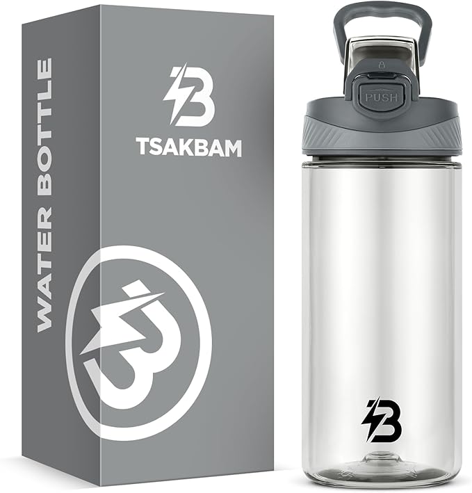 Clear Water Bottle, Reusable Sports Water Bottle Tritan with Leak-Proof Flip Top Lid and Carry Handle for Travel, Gym, Office, Outdoor (Gray, 16 Oz)