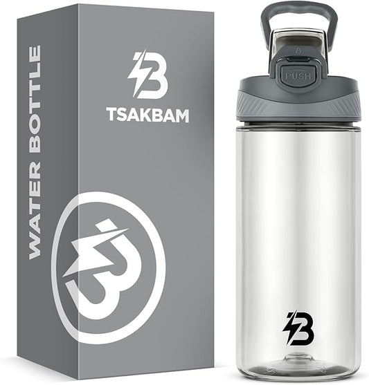 Clear Water Bottle, Reusable Sports Water Bottle Tritan with Leak-Proof Flip Top Lid and Carry Handle for Travel, Gym, Office, Outdoor (Gray, 16 Oz)