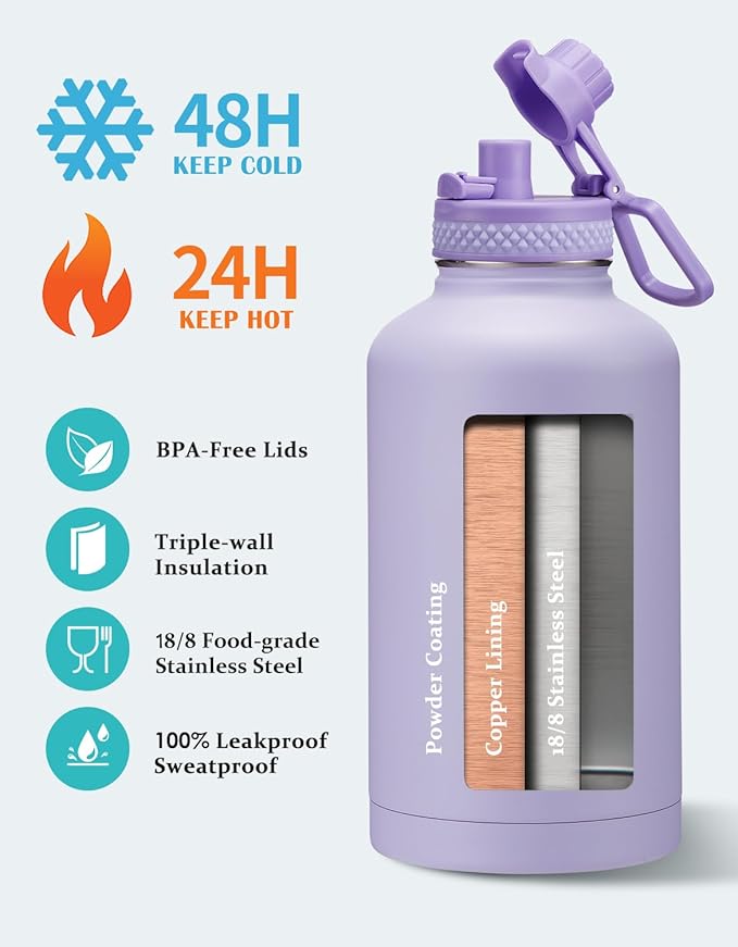 Half Gallon Water Bottle with Straw - Spout Lid, 64oz Insulated Water Jug Carrying Sleeve with Strap, Paracord Handle, Silicone Boot, Stainless Steel Metal Coldest Canteen for Women, Lilac Purple