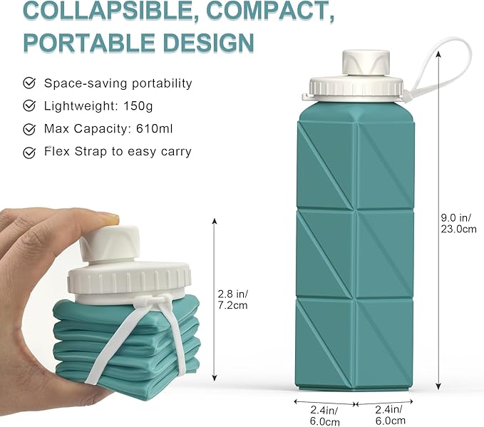 Collapsible Water Bottles, Silicone Foldable Portable Water Bottle 610ml, Lightweight Reusable Leakproof for Travel Camping Hiking Cycling Yoga Sports Outdoor