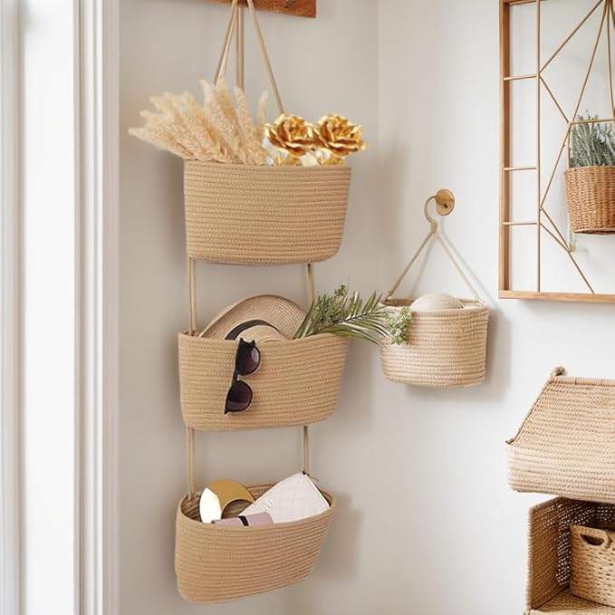Over the Door Organizer, 3 Tier Hanging Wall Basket for a Stylish and Clutter-free Space, Ideal for Boho Room Decor and Nursery Decor