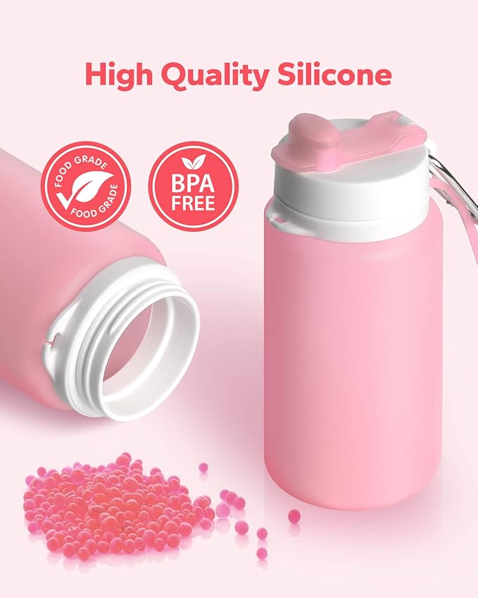 Collapsible Water Bottle, Foldable Water Bottle for Travel & Collapsable Water Bottle with Clip for Backpack, Portable Silicone Water Bottle, Collapse Water Bottle for Travel (20oz, Pink)