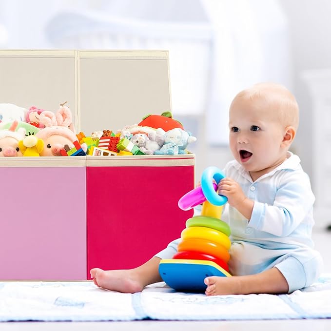 Large Toy Box Chest with Lid, Oxford Collapsible Sturdy Toy Storage Boxes Bins Baskets for Boys, Girls, Closet, Playroom, Nursery Room, 39"x15.5"x13" (Pink & Red)