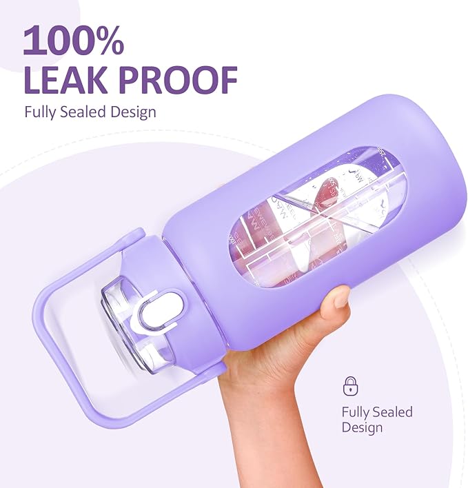 kytffu 42oz Glass Water Bottles with Straw, Motivational Glass Bottle with Silicone Sleeve and Time Marker, Leakproof Large Glass Water Jug for Gym Home Office,Purple