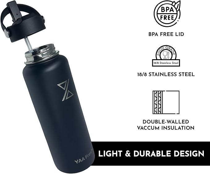 Yaa Fresh 40Oz BPA-Free 24 Hr Cold/12 Hr Hot Insulated Stainless Steel Sports Water Bottle with Straw and Lid, Food-grade Double Walled, Leakproof, Insulated Thermos, Wide Mouth for Men, Women & Kids