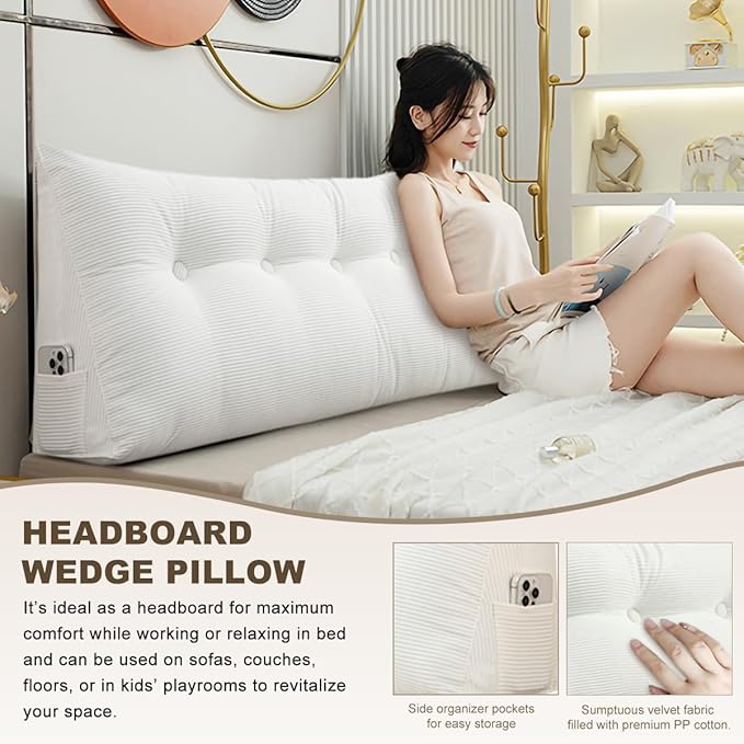 Headboard Pillow - Queen-Sized Headboard Wedge Pillow for Daybeds and Bunk Beds - Durable, Comfortable, with Removable Velvet Cover (White, 71x20x8Inches)