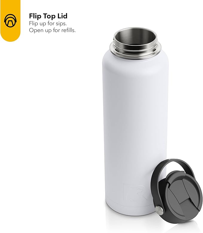 RTIC 40oz Vacuum Insulated Water Bottle, Metal, Stainless Steel, BPA Free, Reusable, Sweat-Proof Flask for Hot and Cold Drinks, Travel, Sports, Camping, White