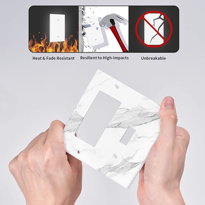 Marble Grey Wall Plate Decorative Light Switch Cover 2-Gang Combo Toggle/Rocker Faceplate for Bedroom Kitchen Farmhouse White