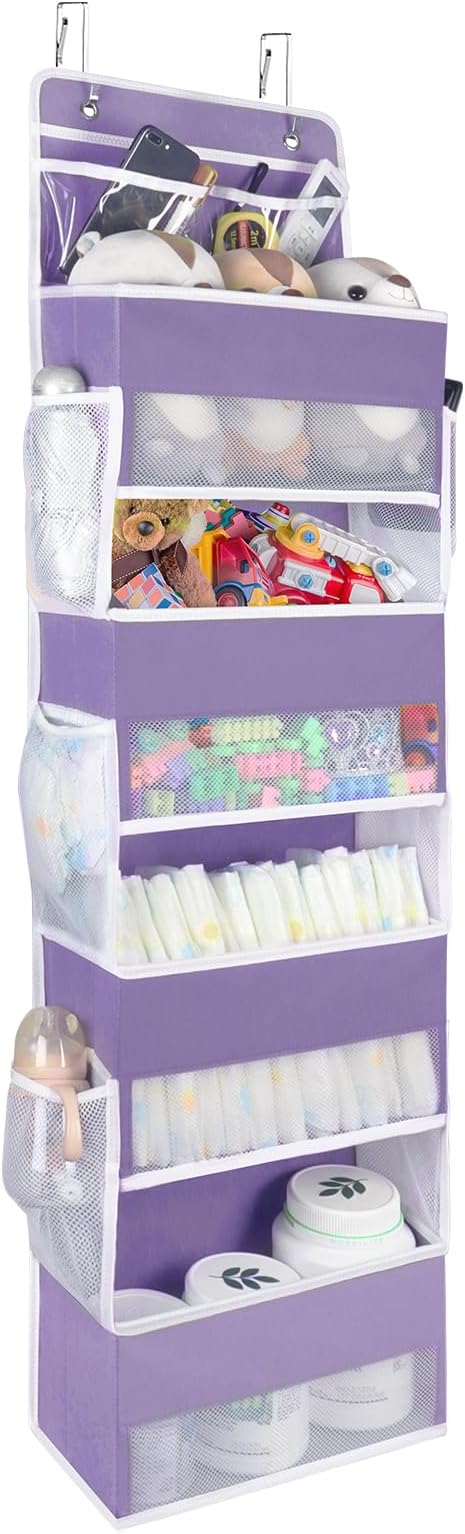 Univivi Over Door Hanging Organizers and Storage Nursery Closet Cabinet Baby Storage with 4 Large Compartments 2 Small PVC Pockets with 6 Side Pockets for Cosmetics, Toys and Sundries (Purple)