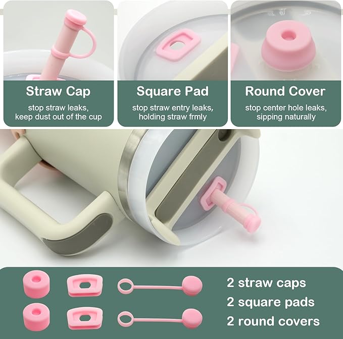 Accessories Set for Stanley 40oz including 6PCS Silicone Spill Proof Stopper 1PCS Straw Cover 1 PCS Siliconce Boot Sleevec 1 PCS Silicone Water Bottle Handle Strap 1PCS Straw & Cleaning Brush