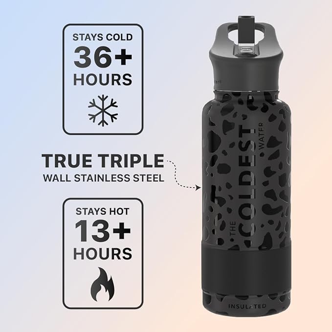 Coldest Sports Water Bottle with Straw Lid Vacuum Insulated Stainless Steel Metal Thermos Bottles Reusable Leak Proof Flask for Sports Gym(32 oz, Black Leopard)