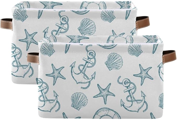 Coastal Anchor Nautical Theme Storage Basket Fabric Laundry Baskets Starfish Summer Beach Storage Boxes Organizer Bag for Baby Cloth Dog Toy Book Storage Cubes Shelf Closet Bins 16x12x8 Inches