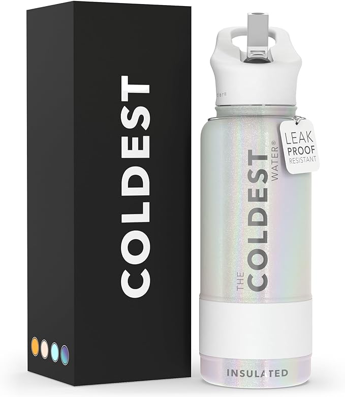 Coldest Sports Water Bottle with Straw Lid Vacuum Insulated Stainless Steel Metal Thermos Bottles Reusable Leak Proof Flask for Sports Gym(32 oz, Cosmic Ice Glitter)