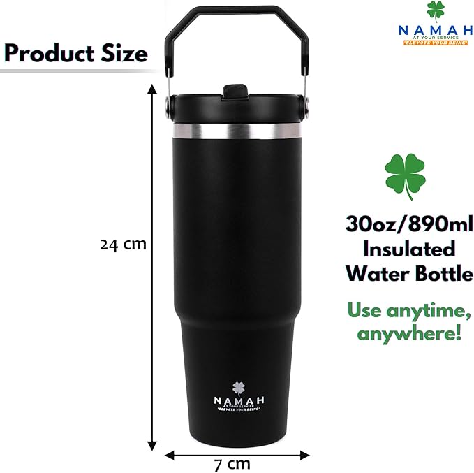Tumbler with Handle & Extra Cloud LID – 30oz/900ml, Premium 304 Stainless Steel, Insulated Water Bottle, Leak-Proof, Steel Straw, Teddy Straw Cap, Cleaning Brush & Carabiner Hook (Charcoal Black)