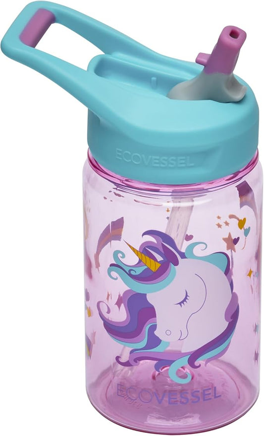 EcoVessel SPLASH Tritan Plastic Kids Water Bottle with Straw, Leak Proof Flip Top Lid, and Carry Handle Kids Cups Sports Water Bottle 12 oz (Unicorn)