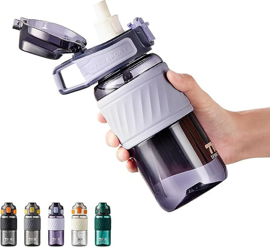TKK 15oz Sports Water Bottles with Removable Straw Durable BPA Free Tritan Bottles Leak-Proof Water Bottles for School, Fitness, Gym, Outdoor, Purple