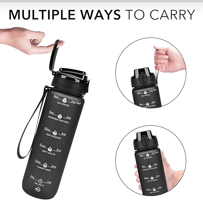 GOSWAG Water Bottles, 32 oz Motivational Sports Water Bottle with Straw and Time Marker to Remind You to Drink, Comes with Carry Strap, Leakproof