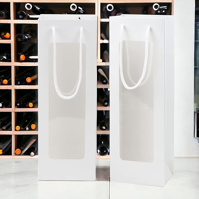 Ssyuysto 12 Pcs White Wine Gift Bags With Handle for Wine Bottles Gifts,4.9"x3.34"x14.1" Sturdy Kraft Paper Wine Bags With Window for Wedding Anniversary Birthday Party Christmas Thanksgiving