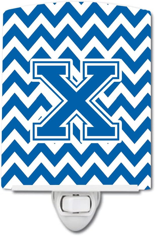 Caroline's Treasures CJ1056-XCNL Letter X Chevron Blue and White Ceramic Night Light Compact, UL-Certified, Ideal for Bedroom, Bathroom, Nursery, Hallway, Kitchen, 6x4x3, Multicolor