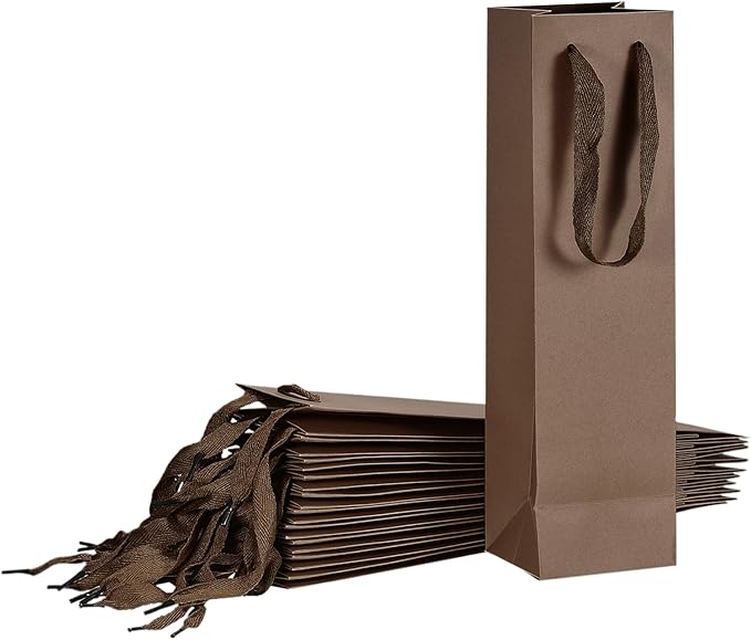 uxcell Wine Bags, 24pcs Brown 4 x 4 x 14 In Wine Gift Bags with Handles Paper Wine Tote Bag for Wedding Birthday Christmas Party Supplies