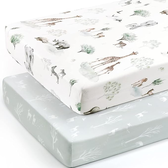 GRSSDER Stretch Ultra Soft Jersey Knit Fitted Crib Sheets Set 2 Pack，Fit All Standard Crib Mattress Pads Safe and Snug, Crib Fitted Sheet for Boys and Girls, Pretty African Savannah Animals Pattern