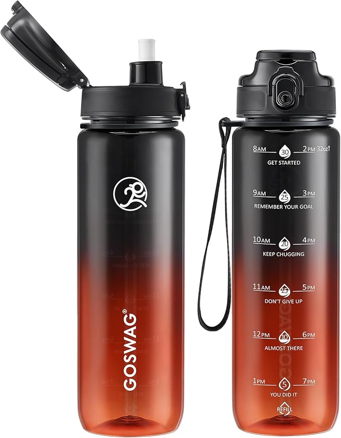 GOSWAG Water Bottles, 32 oz Motivational Sports Water Bottle with Straw and Time Marker to Remind You to Drink, Comes with Carry Strap, Leakproof