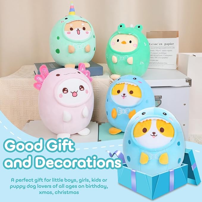 Cute Plush Corgi Dinosaur Stuffed Animal Pillow, 8" Soft Kawaii Shiba Inu Corgi Plushie with Dinosaur Outfit Gift for Kids