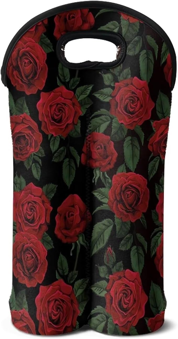 doginthehole 2 Bottles Red Rose Wine Bag Sleeve Neoprene Protective Wine Carrier Bag for Wine,Water, Champagne, Beer Insulated Wine Tote Water Bottle Holder for Travel with Carry Handle