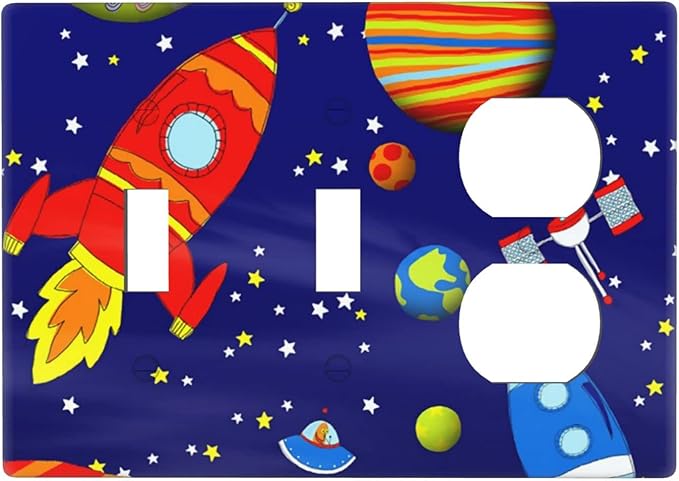 Space Astronaut Combo 2 Toggle 1 Duplex Outlet Light Switch Wall Plate Cover Decorative 3-Gang for Electrical Boys Kids Room Bathroom Bedroom Home Kitchen One Receptacle 4.5" x 6.38"