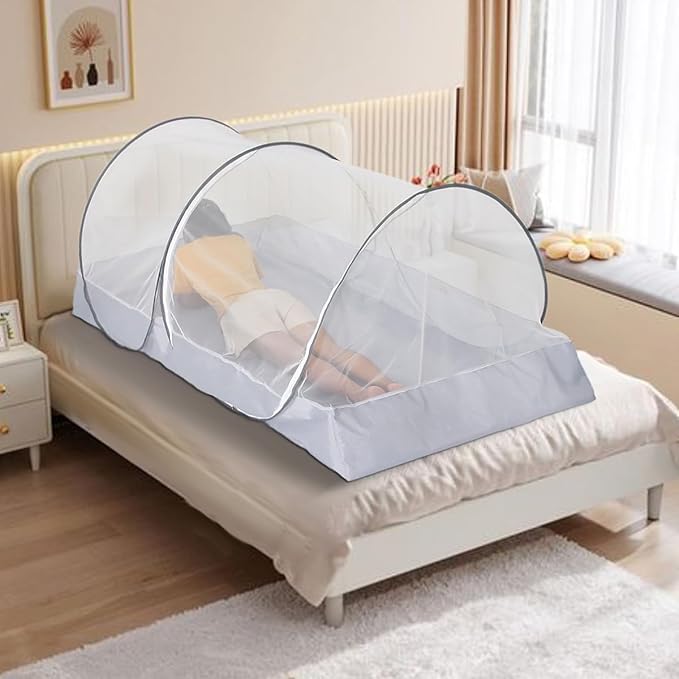 Akiky Mosquito Net Pop Up Bed Net Tent with Gray Bottom Portable&Foldable Bed Canopy for Bunk Bed Twin/Twin XL Bed Sleeping Tent for Indoor Outdoor, Gray/White