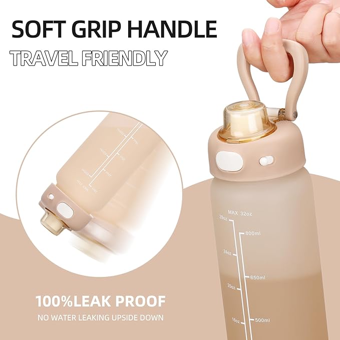 SIEROZUR 32 oz Glass Water Bottle with Straw and Handle Large Sports Motivational Water Bottle with Locking Lid and Time Marker Leakproof Water Jug for Daily Hydration Intake BPA Free