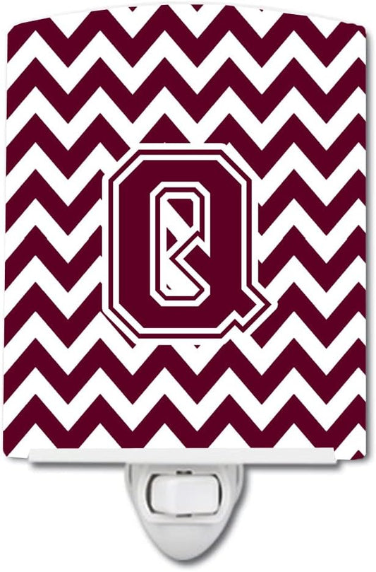 Caroline's Treasures CJ1051-QCNL Letter Q Chevron Maroon and White Ceramic Night Light Compact, UL-Certified, Ideal for Bedroom, Bathroom, Nursery, Hallway, Kitchen, 6x4x3, Multicolor